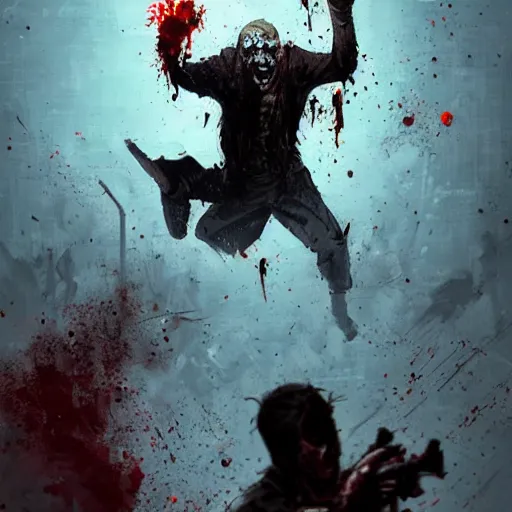 Prompt: a men shooting at a zombie the zombie head exploded because of the bullet by greg rutkowski