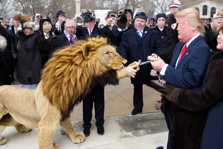 Image similar to photo of the usa presidential inauguration, a lion fursuiter being inaugurated as president