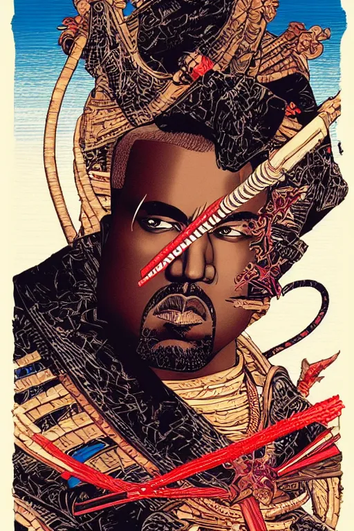 Image similar to poster of kanye west as a samurai, by yoichi hatakenaka, masamune shirow, josan gonzales and dan mumford, ayami kojima, takato yamamoto, barclay shaw, karol bak, yukito kishiro