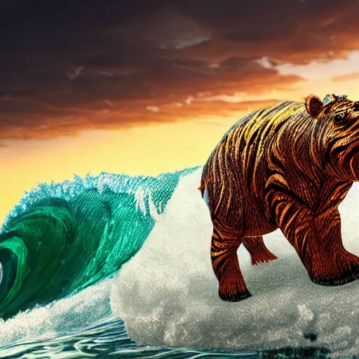 Image similar to a closeup photorealistic photograph of a cute smiling knitted tiger hippopotamus riding an epic wave at sunset. surf in the background. professional capture. brightly lit scene. this 4 k hd image is trending on artstation, featured on behance, well - rendered, extra crisp, features intricate detail, epic composition and the style of unreal engine.