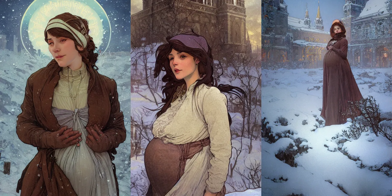 Prompt: portrait of a pregnant woman in the besieged Leningrad in winter, detailed, volumetric lighting, scenery, digital painting, highly detailed, artstation, sharp focus, illustration, concept art,by Alphonse Mucha, Amano, Charlie Bowater, Karol Bak, Greg Hildebrandt, Jean Delville, and Mark Brooks, Art Nouveau, Neo-Gothic, gothic, rich deep moody colors