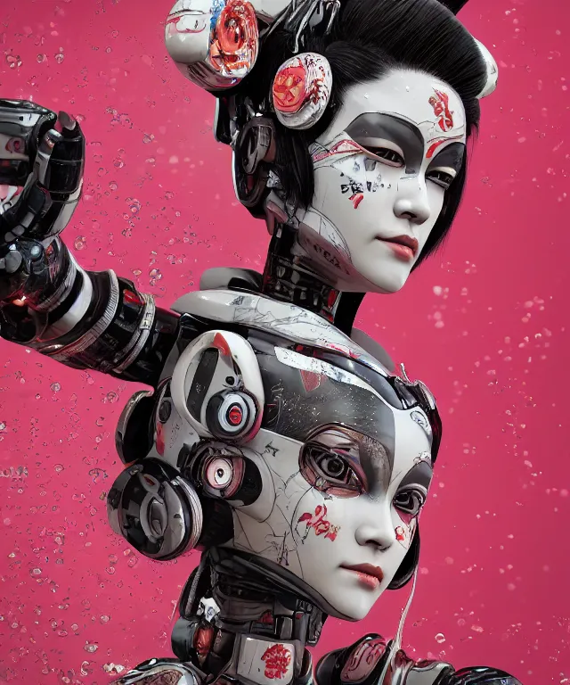 Image similar to an epic fantastic realism comic book style portrait painting of a japanese robotic geisha with kanji tattoos and decals, cherry blossom rain everywhere, apex legends, octane render, intricate detail, 4 k hd, unreal engine 5