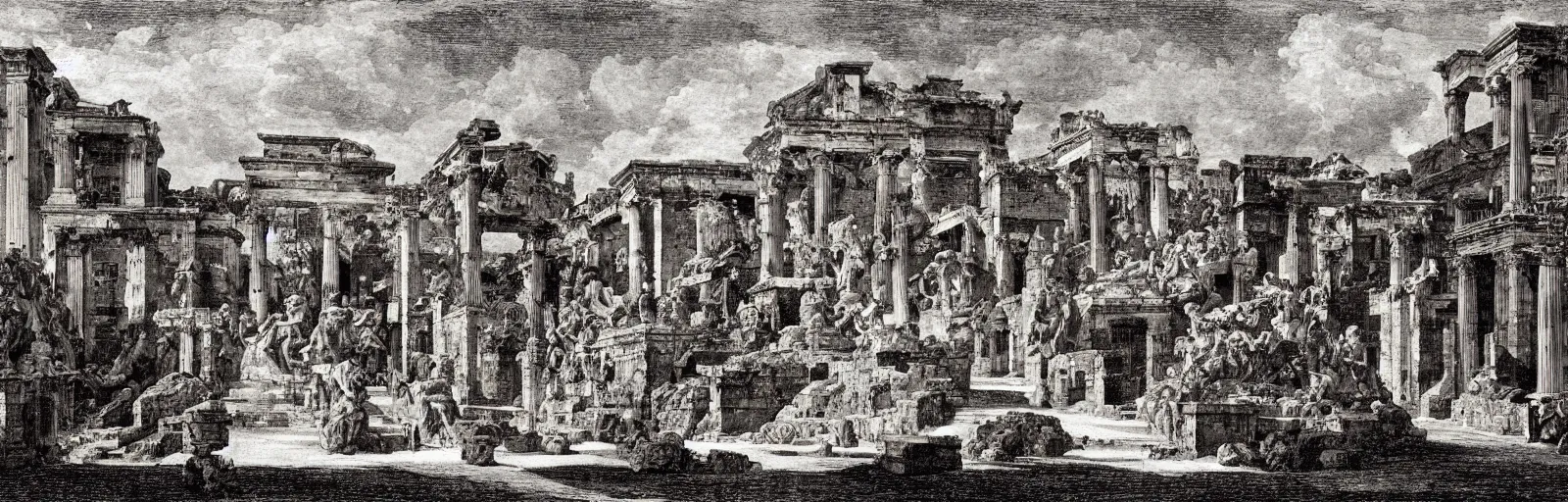 Prompt: a imaginative and theatrical view through the herculaneum gate, pompeii, etching by giovanni battista piranesi