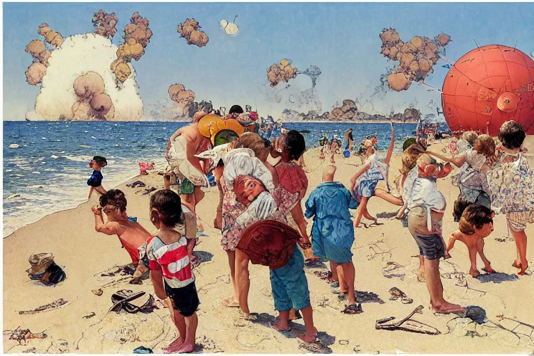 Image similar to kids playing at the beach, huge atomlc explosion in the background, wide angle lens, detailed, by norman rockwell, by mattias adolfsson, by moebius, oil on canvas,