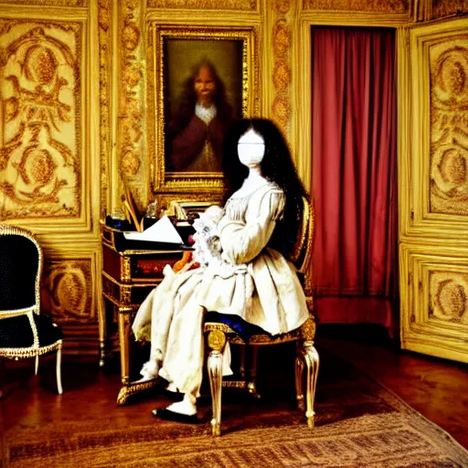 Image similar to Portrait of a mummy sitting at a Louis XIV desk, with very old curtains in the room. The desk has a very old phone on it. Dusty air