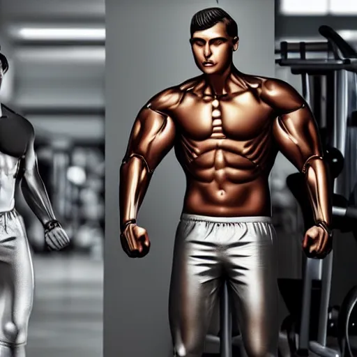 Image similar to a realistic detailed photo of a guy who is an attractive humanoid who is half robot and half humanoid, who is a male android, attractive and handsome jogger, shiny skin, posing like a statue, blank stare, in a factory, on display, showing off his muscles, wearing gym shorts, side view, looking at each other mindlessly