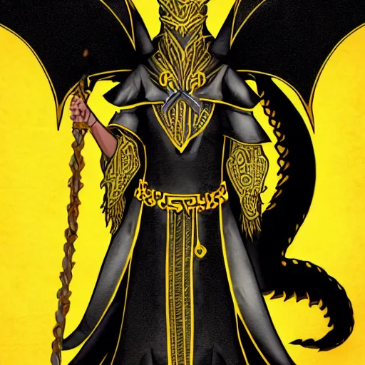 Prompt: Black anthropomorphic dragon wearing yellow hooded ornate robes. Black background. D&D fantasy art.