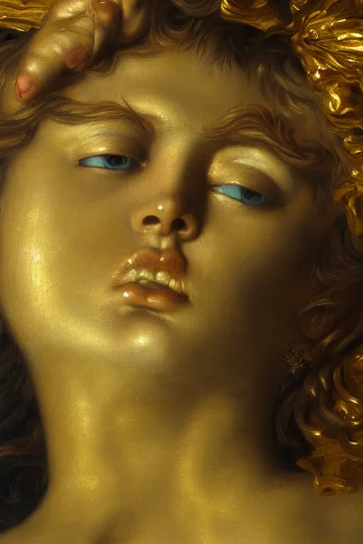 Prompt: fallen angel, angry face, closeup, ultra detailed, made in gold, Alexandre Cabanel style