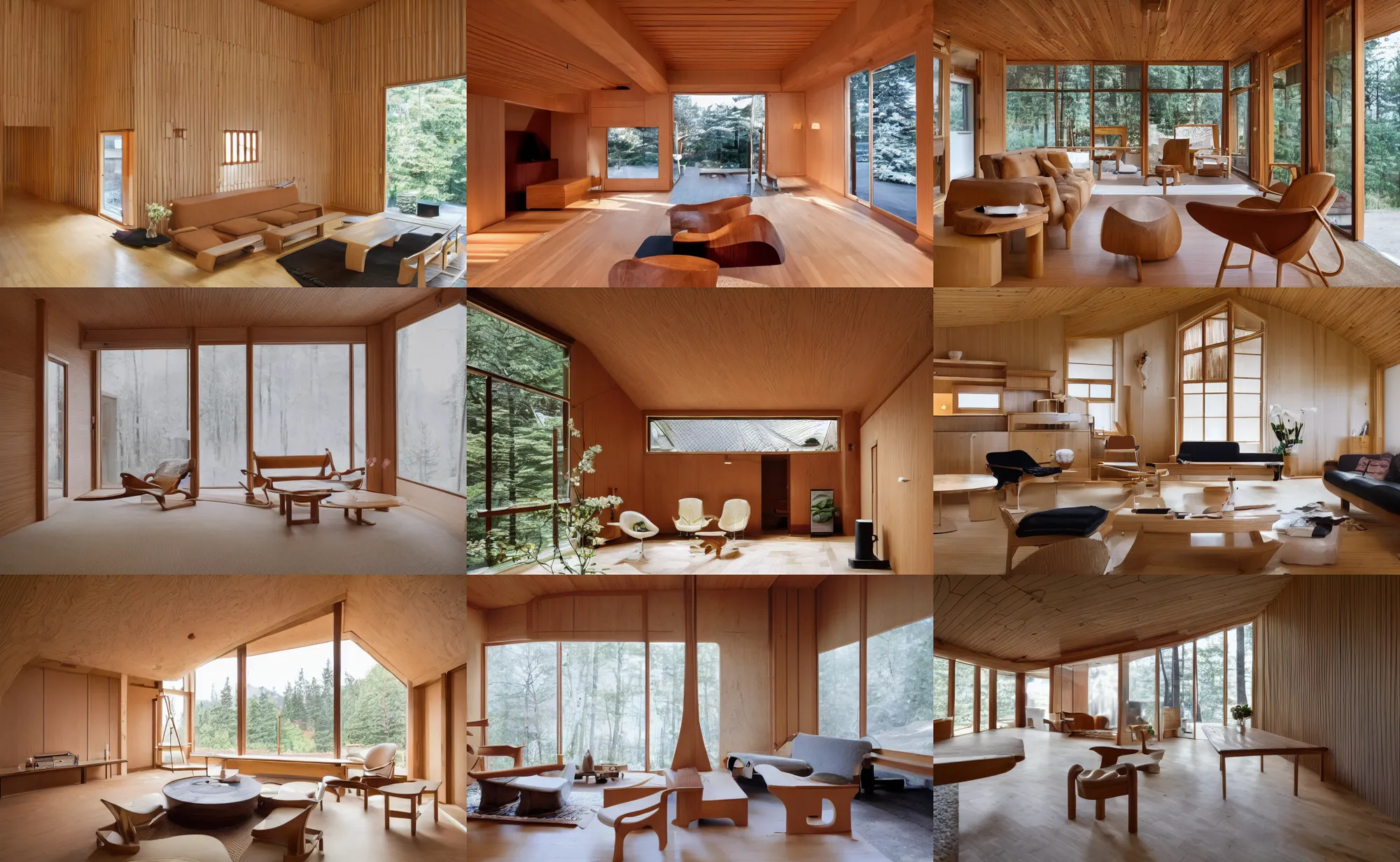 Prompt: luxurious wooden cottage by alvar aalto, modern Japanese living room, Japanese flower arrangements, coherent composition, architecturally accurate, architecture photography