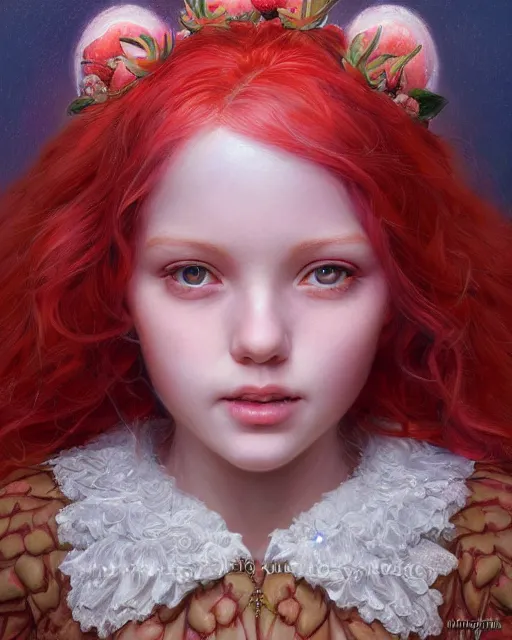 Image similar to strawberry shortcake portrait | highly detailed | very intricate | symmetrical | whimsical and magical | soft cinematic lighting | award - winning | closeup portrait | doll | painted by donato giancola and mandy jurgens and ross tran | pastel color palette | featured on artstation