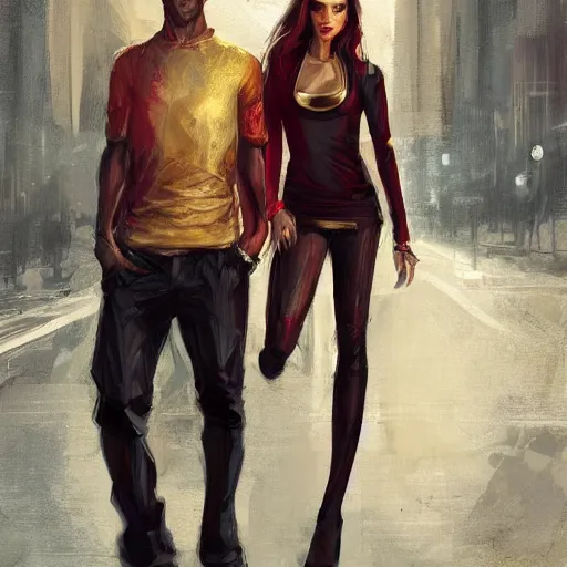 Prompt: adult pair of twins, male and female, arrogant, urban fantasy, half portrait, urban background, highly detailed, digital painting, artstation, concept art, sharp focus, smooth, art by livia prima and magali villeneuve, elegant red black and gold clothing