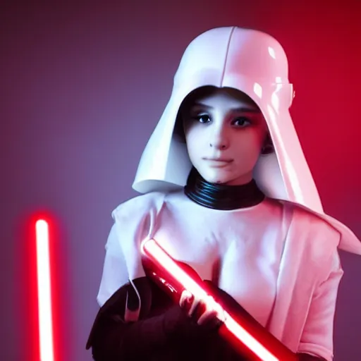 Image similar to Ariana Grande as Darth Vader, studio lighting, cinematic, red lightsaber, glowing, cute