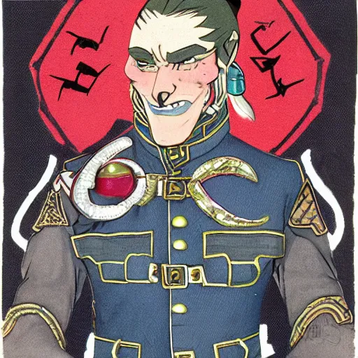 Image similar to a middle aged half - orc wearing a patchwork military uniform jacket with cut sleeves and many charms and baubles worked into the fabric, with an upturned collar. his arms bear rune tattoos, thin fangs show through his lower jaw with a bemused smile. blue grey intelligent eyes. 1 9 th century style