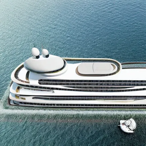 Prompt: aerial view of the new residential Mega Yacht ‘Somnio’ the largest yacht in the world , this 728 feet mansion have 39 apartments across 6 floors. luxury, very design, gofl course and swimming, luxury equipment,