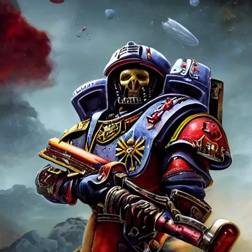 Prompt: a beautiful highly detailed matte painting of Warhammer 40k Space Marine Blood Ravens soldier standing next to a spaceship