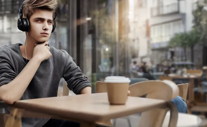 Image similar to a male teenager with headphones in a cafe sitting in front of a table with a coffee, digital painting, masterpiece, digital art, concept art, octane render, unreal engine 5, trending on deviantart, highly detailed, high quality, 4 k, cartoon, high coherence, realistic, anatomically correct, five fingers, relaxing, realistic and detailed face, beautiful, elegant