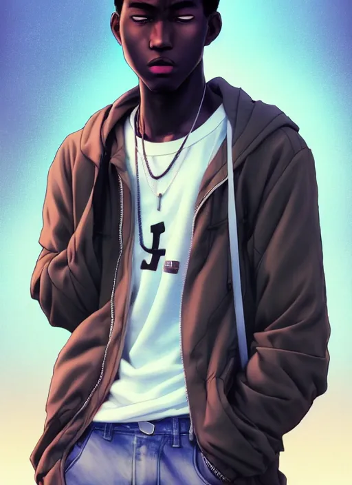 Prompt: handsome hip hop young black man in the city, model pose, sad, anime style, scenery wallpaper aesthetic, pastel colors, symmetrical face, cinematic, dramatic, super detailed and intricate, hyper realistic, 4 k render, by artgerm, by kyoung hwan kim, by ralph mcquarrie, by yoshiyuki tomino