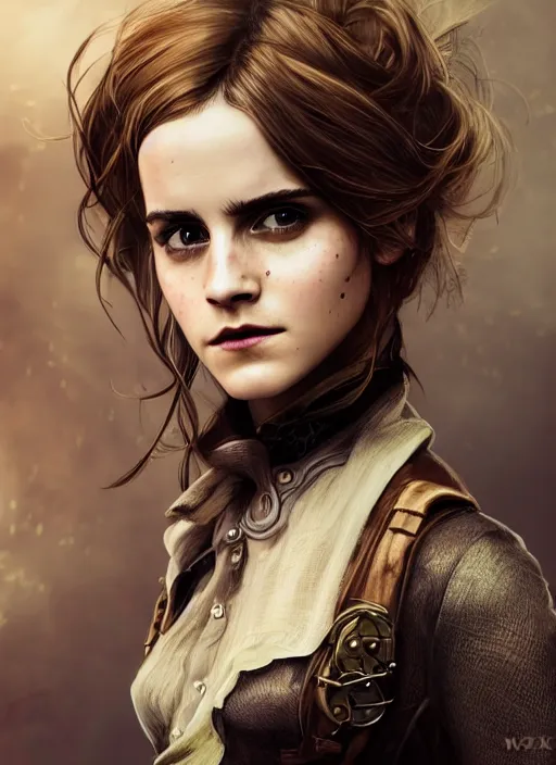 Image similar to steampunk portrait of emma watson, au naturel, hyper detailed, digital art, trending in artstation, cinematic lighting, studio quality, smooth render, unreal engine 5 rendered, octane rendered, art style by klimt and nixeu and ian sprigger and wlop and krenz cushart.