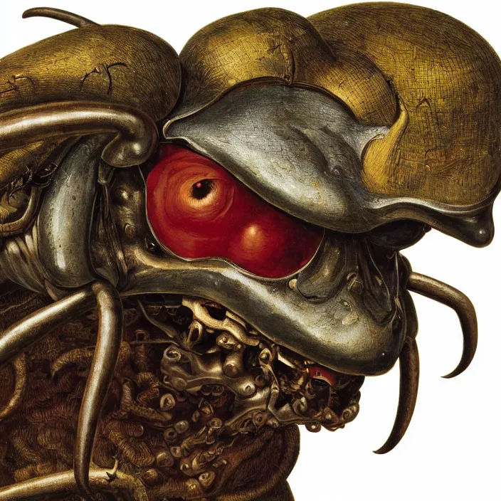 Image similar to close up portrait of a mutant monster creature with facial features resembling a medieval steel helmet, beetle eyes and antennae. by jan van eyck, walton ford