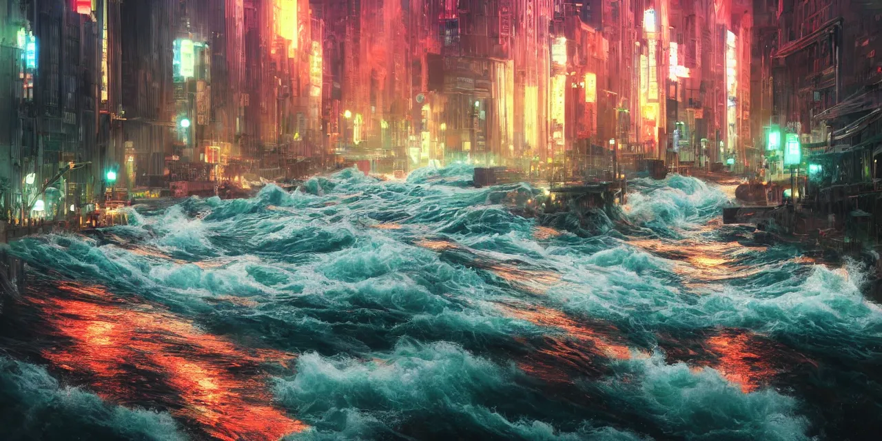 Image similar to street level view of turbulent river rapids rushing through a city at night , volumetric lighting, green and red glowing lights, 4k, octane, digital painting, artstation, concept art, sharp focus, illustration, high contrast, high saturation , cinematic film still, by by artgerm and greg rutkowski and alphonse mucha , wide angle view