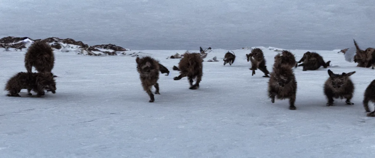 Image similar to filmic extreme wide shot movie still 4 k uhd interior 3 5 mm film color photograph of a bunch of creatures running around mcmurdo station in antartica at night