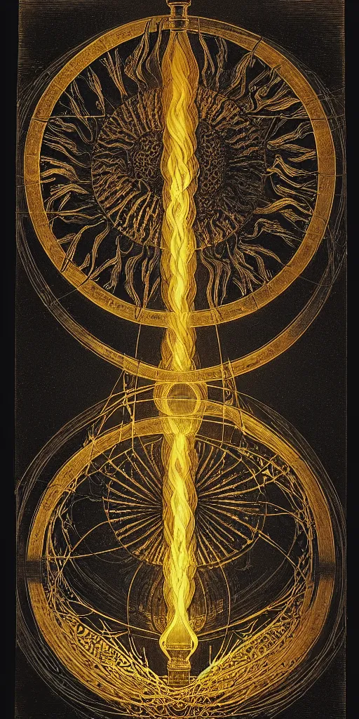 Image similar to an alchemical fiery lighthouse radiates a unique canto'as above so below'while being ignited by the spirit of haeckel and robert fludd, breakthrough is iminent, glory be to the magic within, in honor of saturn, dramtic lighting painted by ronny khalil