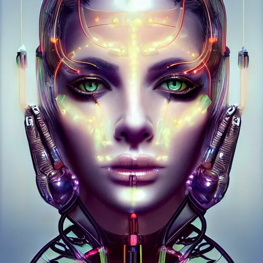 Prompt: very beautiful woman, bionic pupils, full face frontal centered, portrait, abundent detailed intricate symmetrical ornate electricity neon cables connected to head, clear lips, luxurious long hair, sophisticated abundent neon wiring and implants, translucent, porcelain, fractal, sci - fi, dramatic lighting, photography, highly detailed, artstation, deviantart, 8 k, by chie yoshii