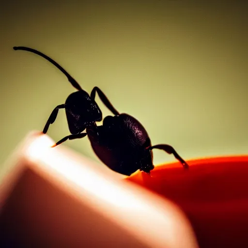 Image similar to Macro shot of an ant overlooking a cup of juice, photography, cinematic lighting