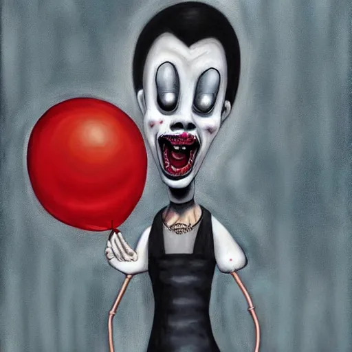 Image similar to grunge painting of kanye with a wide smile and a red balloon by chris leib, loony toons style, pennywise style, corpse bride style, horror theme, detailed, elegant, intricate