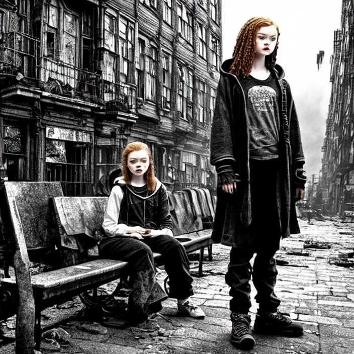 Image similar to mid shot of sadie sink in hoodie sits on bench in ruined square, pedestrians walk by | steampunk tenement windows in background : storyboard, scifi cyberpunk. by gabriel hardman. cinematic atmosphere, detailed and intricate, perfect anatomy