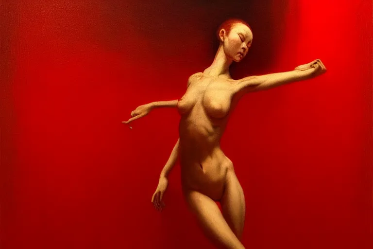 Image similar to only with red, a woman dances, tokio, in the style of beksinski, parts by edward hopper, parts by rodcenko, parts by yue minjun, intricate and epic composition, red by caravaggio, insanely quality, highly detailed, masterpiece, red light, artstation, 4 k