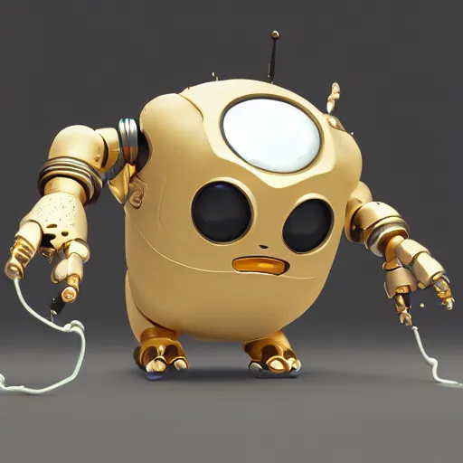 Prompt: a small chubby bot, smooth panelling, one large gold eye intricate detail, style of pokemon, with damaged rusty arms, broken antenna, recycled, floating, white studio, oil, mechanical, toy, ambient light, in the style of pixar animation, pokedstudios, blender, octane render, 8 k,