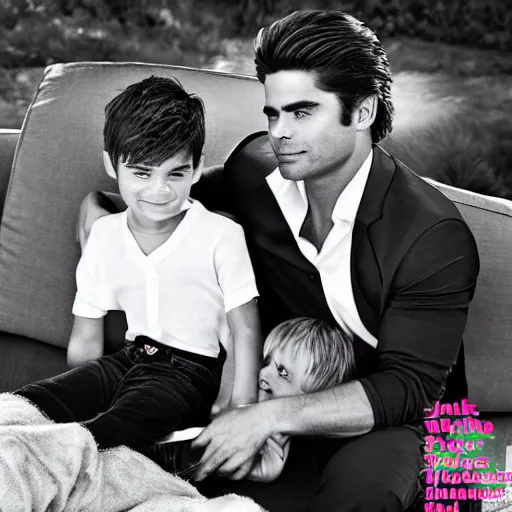 Image similar to zac efron and john stamos as father and son, vogue magazine, dramatic light, photoshoot,