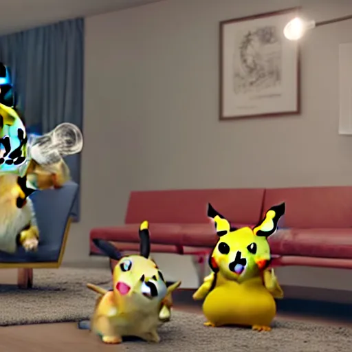 Image similar to Pikachu taking a bong rip on the couch, unreal engine 5, octane render, cgsociety, living room interior, soft lighting, ray tracing,