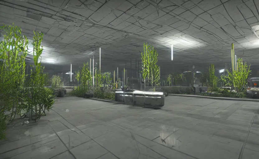 Image similar to in-game screenshot of hazmat scientists on unreal engine 5, in a liminal underground garden, photorealistic, retrofuturism, brutalism, staggered terraces, minimalist, soft vintage glow