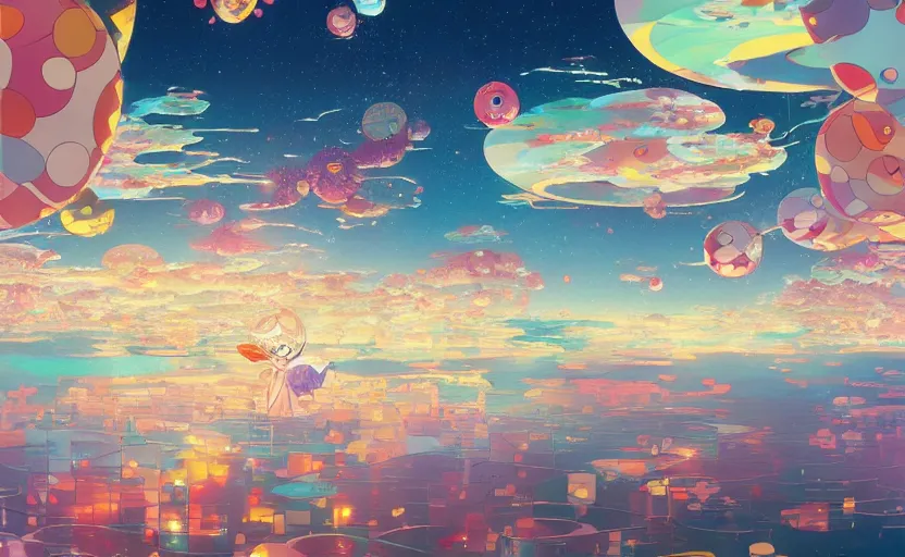 Image similar to a city floating above the sea by takashi murakami,, beeple and james jean, aya takano color style, 4 k, super detailed, night sky, digital art, digital painting, celestial, majestic, colorful