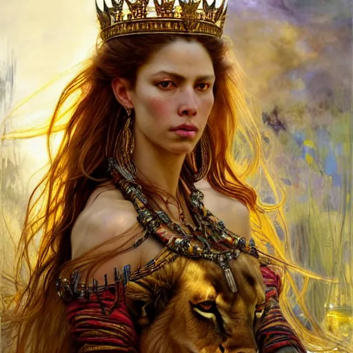 Image similar to highly detailed portrait of a majestic lioness queen in the form of a beautiful woman. d & d. art by donato giancola and eugene delacroix and ruan jia and carl larsson. trending on artstation, intricate details, energetic composition, golden ratio, concept art, illustration, elegant art, global illuminaition