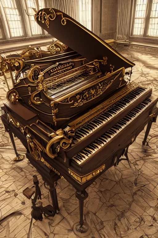 Image similar to Tonemapped Steampunk harpsichord, Artstation, Unreal Engine, photorealistic