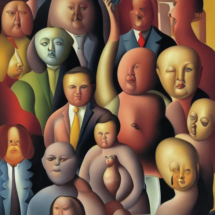 Image similar to group of people pictured in afternoon light, close - up of the faces, anatomically and proportionally correct, surrealist oil painting by botero, dora maar and rene magritte, detailed