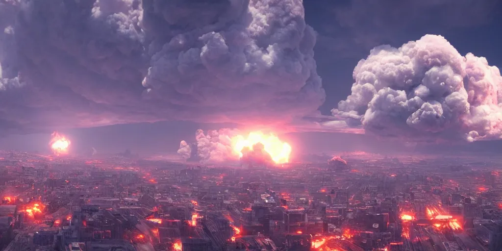 Prompt: a highly detailed atomic bomb cloud detonated above the city, 8 k, chaotic atmopshere, unreal engine, cinematic, glowing, very detailed, award - winning cinematography