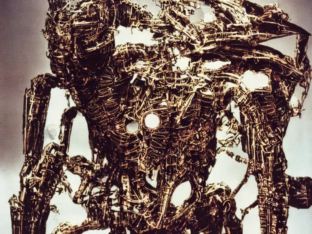 Image similar to autochrome of a 8 0 s polaroid flash photograph of a biomechanical armored creature looking at camera