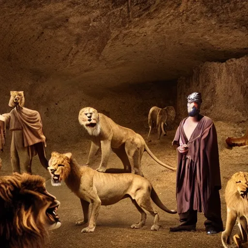 Image similar to film still of 3 5 year old man in ancient canaanite clothing surrounded by ferocious lions. cave interior background, hd wallpaper, 8 k