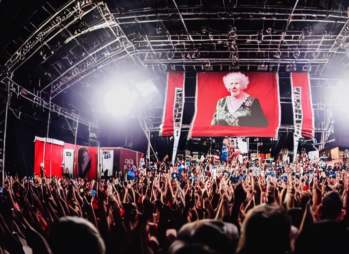 Image similar to photo still of queen elizabeth on stage at vans warped tour!!!!!!!! at age 7 0 years old 7 0 years of age!!!!!!! shredding a guitar on stage, 8 k, 8 5 mm f 1. 8, studio lighting, rim light, right side key light