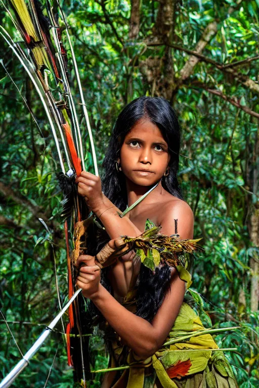 Prompt: a professional photo of a sri lankan jungle girl, black hair, hunter, with bow and arrow, covered in leaves, extremely high fidelity. key light.