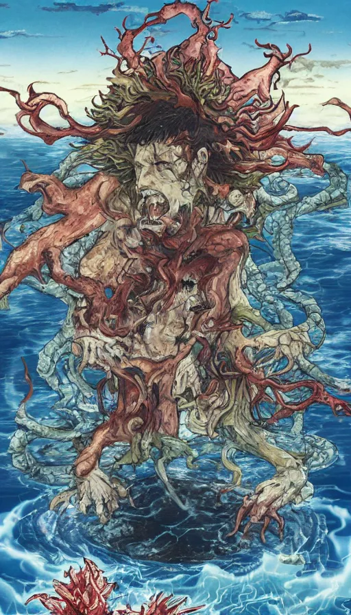 Prompt: man on boat crossing a body of water in hell with creatures in the water, sea of souls, by hideaki anno