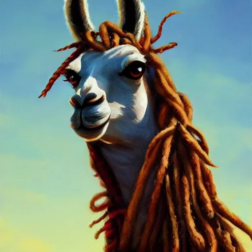 Image similar to llama with dreadlocks, realistic creature concept, heroic pose, by Edward Hopper, 4k, artstation