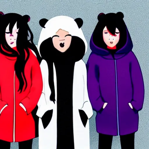 Prompt: two girls, a girl with short white hair and polar bear ears wearing an open black coat, another girl with long black hair wearinga purple hoodie with red eyes