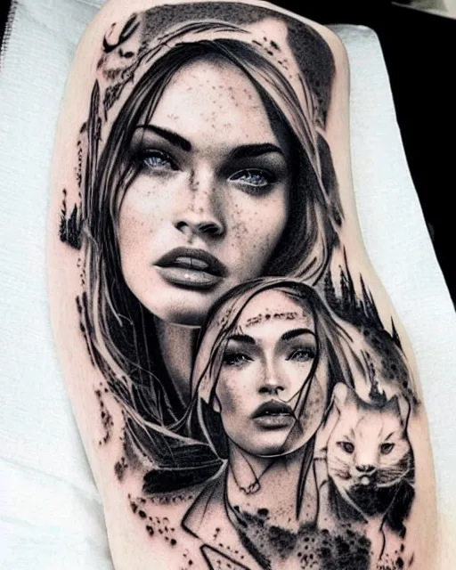 Image similar to surrealist double exposure effect tattoo design sketch of megan fox with beautiful mountains, realism tattoo, in the style of andrey lukovnikov, amazing detail, sharp