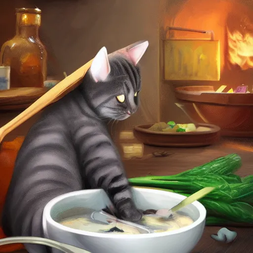 Prompt: a cat cooking soup, stirring a pot with a ladle and cutting vegetables, fantasy illustration, trending on artstation, deviantart, very realistic, 4k