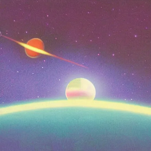 Image similar to a nasa ship entering the atmosphere of a planet, 1 9 7 0 s illustration, saturated colors